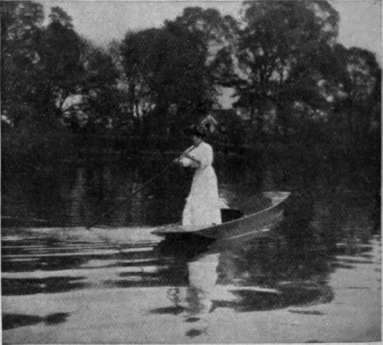 To turn, hold the pole at right angles to the punt, which will swing round towards it. If the impetus is insufficient, a shove or two on the bottom, of the river will achieve the desired result