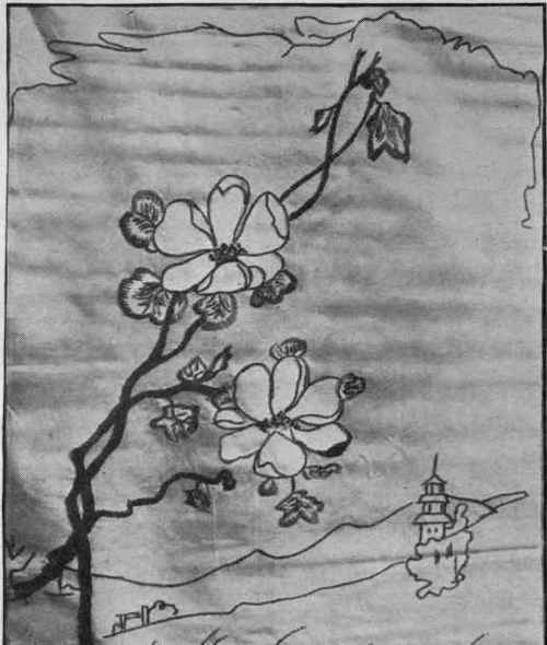A Japanese design for a fire screen. In this simple yet effective design there is a charming combination of needlecraft and brush work, the magnolia blossom being out lined in embroidery, as well as the clouds and landscape. The panel should be covered with glass when mounted