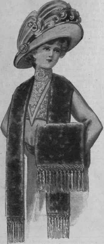 A muff and a stole made from a caracul cloak. The addition in each case of a handsome black silk fringe will be found to add a note of distinction to the set