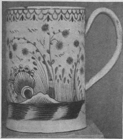 A mug of earthenware of Leeds manufacture, painted in blue in the Chinese style. Such mugs were most popular articles as presents