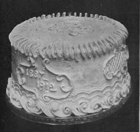 A silver wedding cake should be prettily iced, the initials of husband and wire being formed into a monogram at the top, and the date of the wedding and its twenty fifth anniversary in a tablet on the side