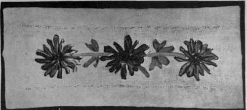 A suggestion for a border design in two coloured braids. The centres to be worked in French knots