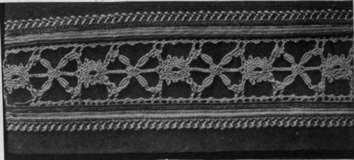 A torchon insertion treated with a dainty rose braid, admirably adapted for application to a child's rose serge frock