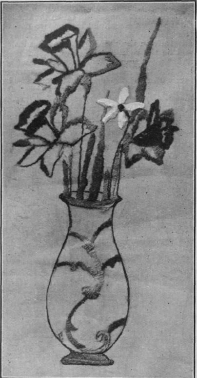 A vase of daffodils and white narcissus, a novel design, suitable for the corners of a tablecloth, a table centre, or a cushion cover