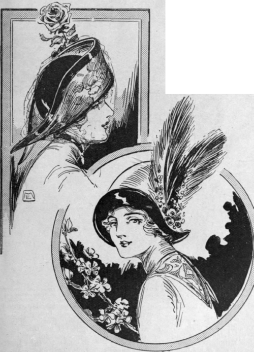 Above is shown an unusual and distinctive mode, the hats with brim revers, ending in points at the back.