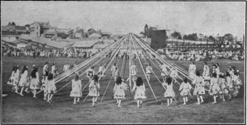 An old dance in a new continent. Australian children performing the Maypole dance