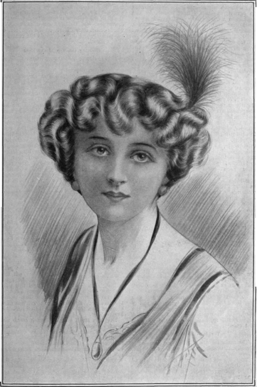 An original dance or theatre coiffure. The dressing of the front hair is unique, and has the supreme attraction of novelty and charm