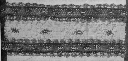 By the use of quaint green sequins and gold lace edging, a strip of patterned net insertion can be made into a charming and