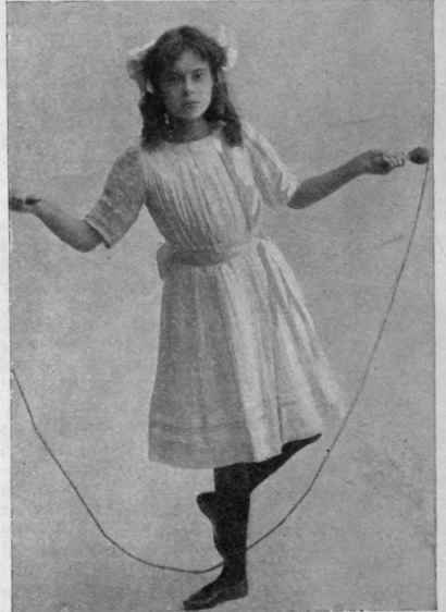 Fif. 5. The polka step. In this movement, the rope passes under the feet at every alternate step danced in the rope. Each foot is cut twice