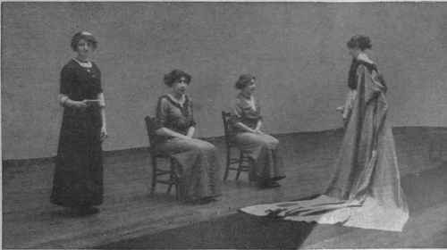 Fig. 3. After her second curtsey, which is made to the Queen, the debutante should rise into the position illustrated, and move train sweeping behind her, and the regulation bouquet held in her right hand !