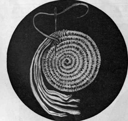 Fig. 3. In succeeding rows long stitches are taken into edge of previous round