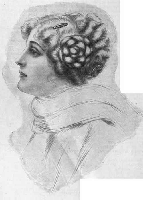 Fig. 4. Coiffure a la Nattelina. A delightful arrangement of the hair to suit many faces. Although not   fluffy,  softness is given by the waved hair at front and sides Designs by David Nicol, 50, Haymarket, S.w.