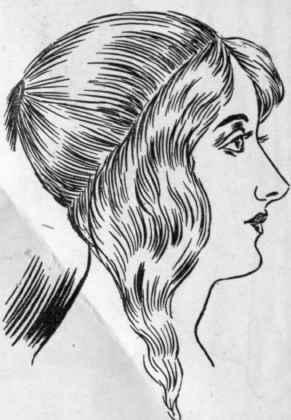 Fig. I. Tie the foundation hair securely towards the top of the head as shown here consequence   seek to modify the most charming effects, and apply them to their own particular type of beauty.