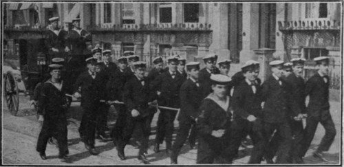 In a naval wedding the ship's company act as coachman, footman, and drawers of the bridal carriage. Such weddings can only take place, therefore, at naval stations