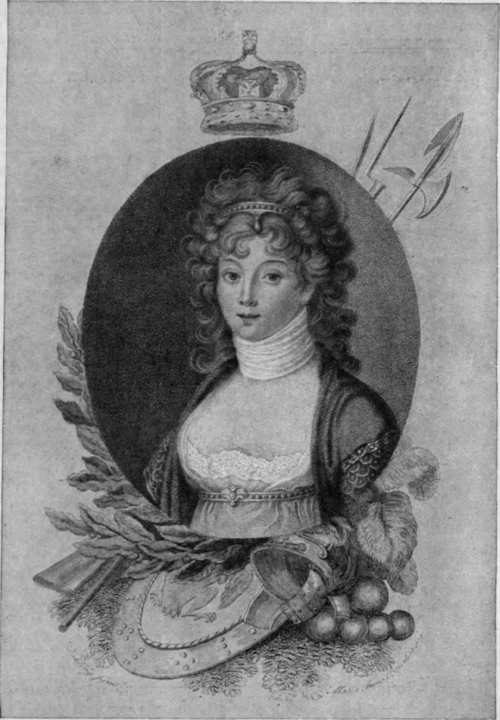 Louise, the beautiful and heroic Queen of Prussia, who was the idol of the German nation during the dark days that followed the disaster of Jena. She humbled herself to plead for her country with the victorious Napoleon, but without success From the painting by Dahling, 1805