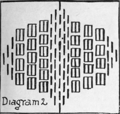 Several shades of silk will be required to carry out this Florentine work design. Stitches of equal length are bracketed together