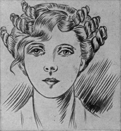Six puffs are to be worn across the forehead. Those on the left side should be smaller and lie in a different position from those on the right. The lock in the centre will form the large Louis XV. Duff which will droop towards the middle of the brow