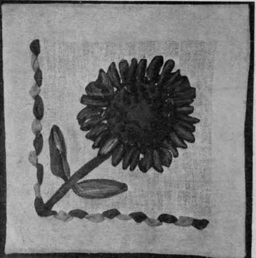 Sunflower worked in yellow braid, with padded centre of rich brown covered with French knots in wool or silk. A twist of yellow and brown braids forms stem and border