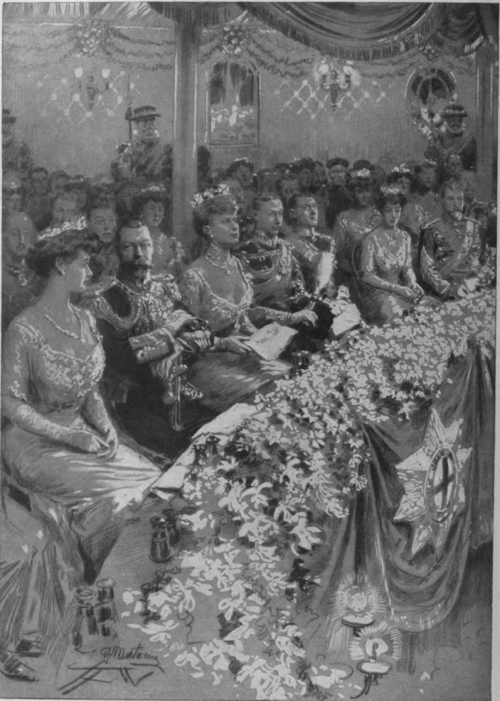 The Royal Box during a gala performance at the Opera House, Covent Garden. The gorgeous decorations and the magnificent dresses and jewels worn by the guests make such a performance one of the most brilliant spectacles of modern times