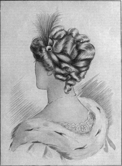 The arrangement of the theatre coiffure as seen from the back. The lines are graceful, and the general effect one of lightness and charm