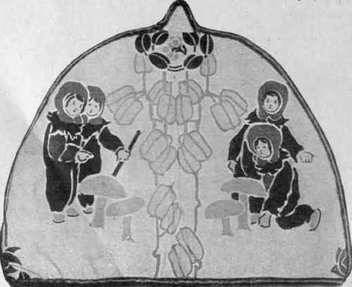 The children make a pretty ornament for this schoolroom tea cosy. The flowers are suggestive of Tinker Bell