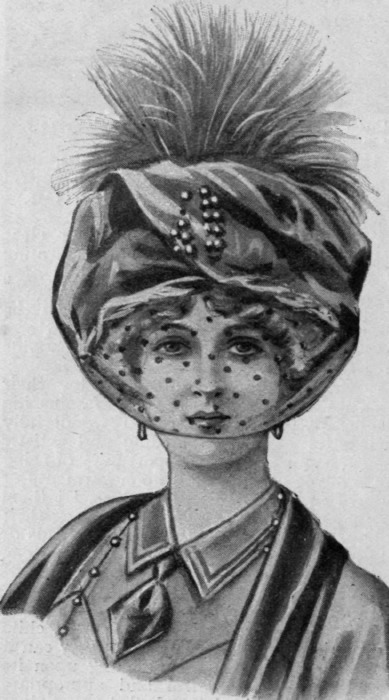 The veil as often worn by the pretty Frenchwoman. It has a distinctly coquettish effect and enhances the fairness of a beautiful complexion