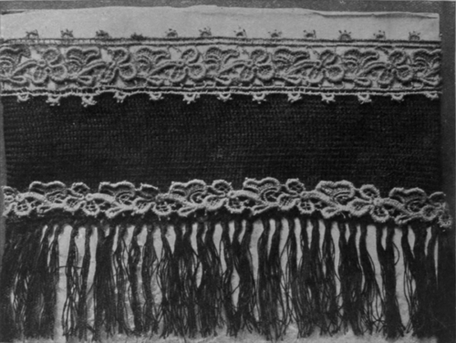 Wide military braid, edged with black silk knotted fringe, can be combined, as shown, with mole dyed insertion so as to produce a handsome trimming for a travelling wrap