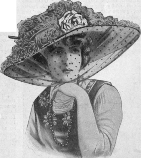 With a large hat a veil may be fastened at each side just above the ears. This has a very smart appearance