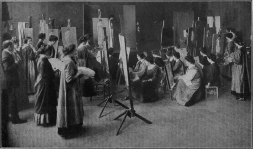 Women students of the life class at the Edinburgh College of Art. They compete on equal terms with the men students, and compare most favourably with them as regards the winning of prizes and scholarships