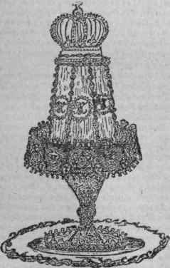 White nougat pyramid sur socle. Ornamental sugar work on a decorated stand.