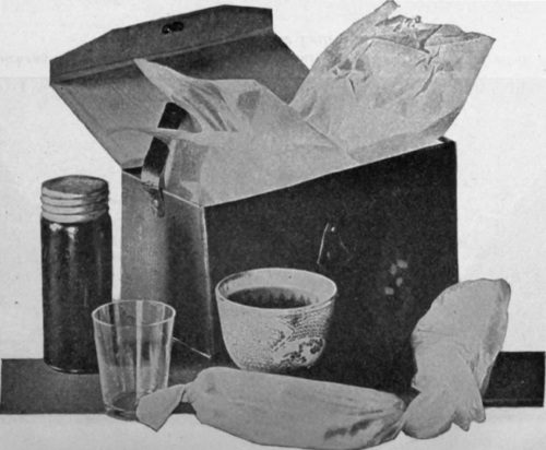 A School Luncheon Box in which Each Food is Wrapped in its Separate Paraffin Case.