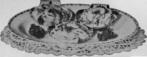 Escalloped Oysters, Served in Scallop Shells. Any Creamed Mixture may be Browned in these Shells.
