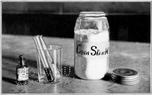 Iodine Test for Starch. Diluted tincture of iodine in one test tube, starch paste stained by iodine in the other.