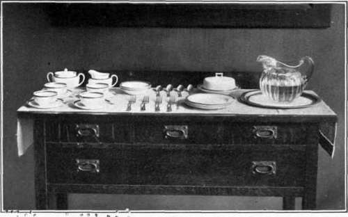 SaLAd Plates, Dessert Dishes, And Other Things To Be Used In The Course of the Dinner, arranged on Sideboard or Serving table.