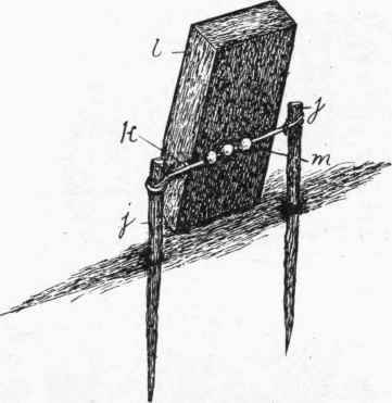 String Brick Trap. References: j, pegs; k, string; l, brick; m, bait.