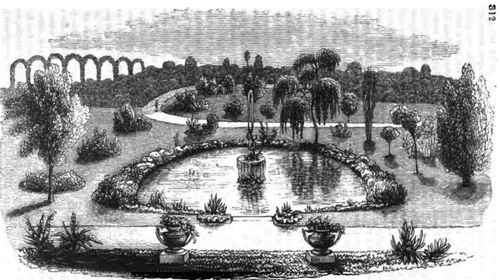 Flower garden at Wimbledon House, showing the Pond and Fountain.