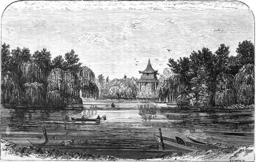 VIEW OF LAKE AND PAGODA ISLAND, VICTORIA PARK. LONDON.