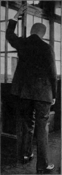 Fig.101.   Second position when utilising a door to re educate arm movements. The body is moved nearer the door, the hand drops slightly, and the elbow bends. The head is dropped forward