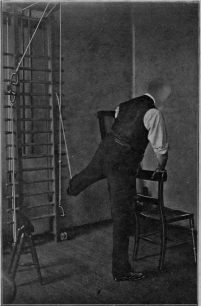 Fig. 111.   To illustrate an exercise for the adductors of the thigh. It is also either a relaxed or assistive exercise for the abductors according to the weight employed