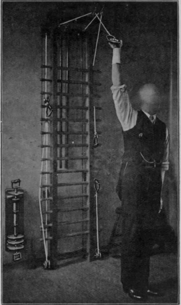 Fig. 143.   To show how a patient wearing a cock up splint, and suffering from musculo spiral paralysis, may safely exercise the limb with the weight and pulley. All exercises must be performed with the back to the apparatus