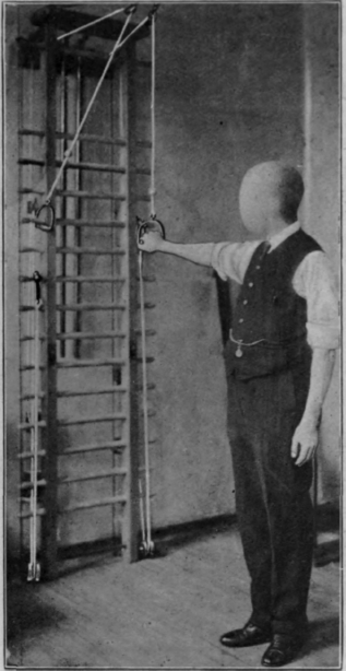Fig. 58.   Showing assistive exercise of the acromial part of the deltoid. Note the patient stands to attention