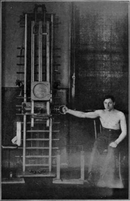 Fig. 61.   To show the position adopted when using the rotator for shoulder rotation. The apparatus here figured is built by Messrs. Spencer, Heath and George