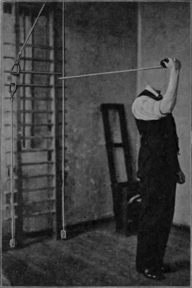Fig. 98.   To illustrate an exercise for the brachialis anticus with the weight and pulley. No exertion is imposed upon the muscle; the triceps, however, does considerable work