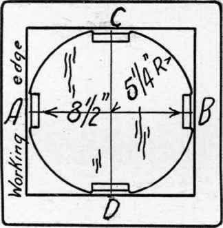 Fig. 147. Lay out of taboret with legs doweled into circular top.