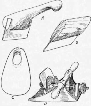 Fig. 51.   Scraper. A, B, handles for scraper; C, leather palm; D, scraper plane.