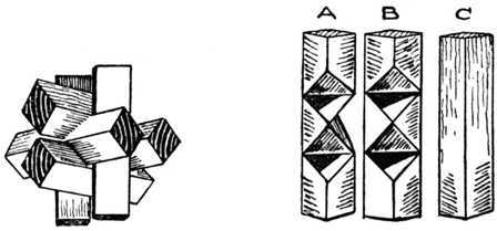 Fig. 395.   Diagonal Chinese Cross Puzzle.  (Two Pieces required of A, Three of B and One of C.)