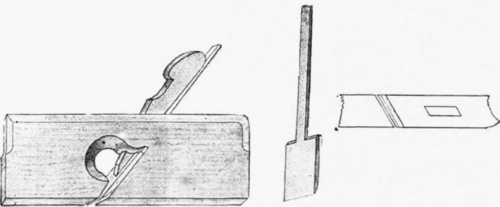 Fig. 59.   Shows the general appearance of a rebate plane, the shape of the iron, and the plan of the mouth, with the hole for wedge and iron.