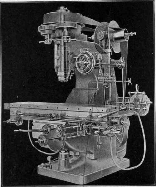 Fig. 230. Vertical Milling Machine with Working Parts Shown in Ghost Courtesy of Becker Milling Machine Company, Hyde Park, Massachusetts