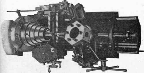 Fig. 311. Turret Lathe Arranged to Machine Outside of Cone Pulley