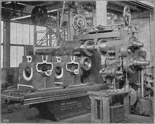 Fig. 343. Ingersoll Horizontal Milling Machine, Milling Gasoline Traction Engine Frames. 1/2 Inch of Metal Removed from each of Six Surfaces. 14 Bases Finished in 10 Hours.